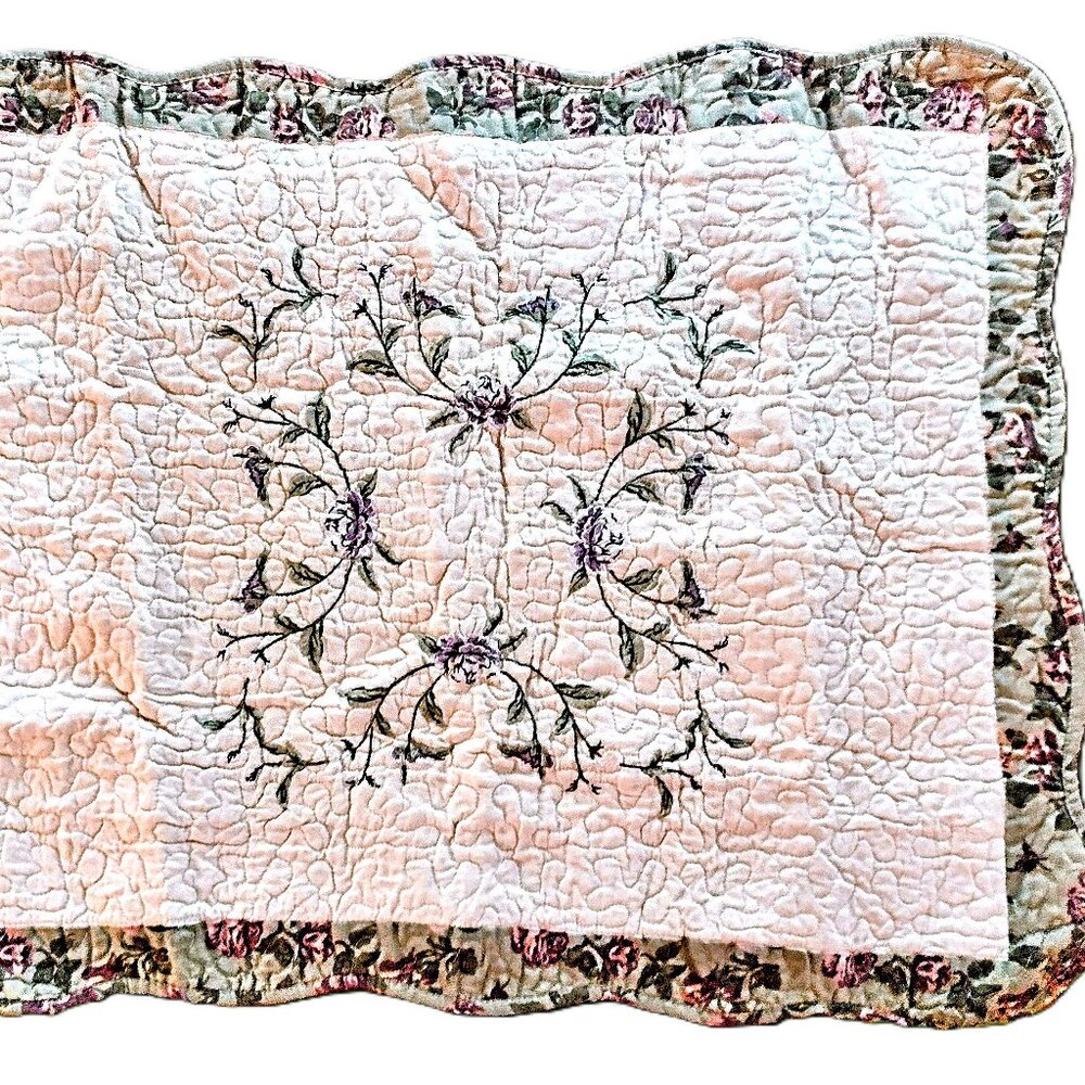 Quilted Ivory Pillow Sham (1 STD) ~ Lavender Embroidered Floral ~ 20 X 26 ~ NEW!